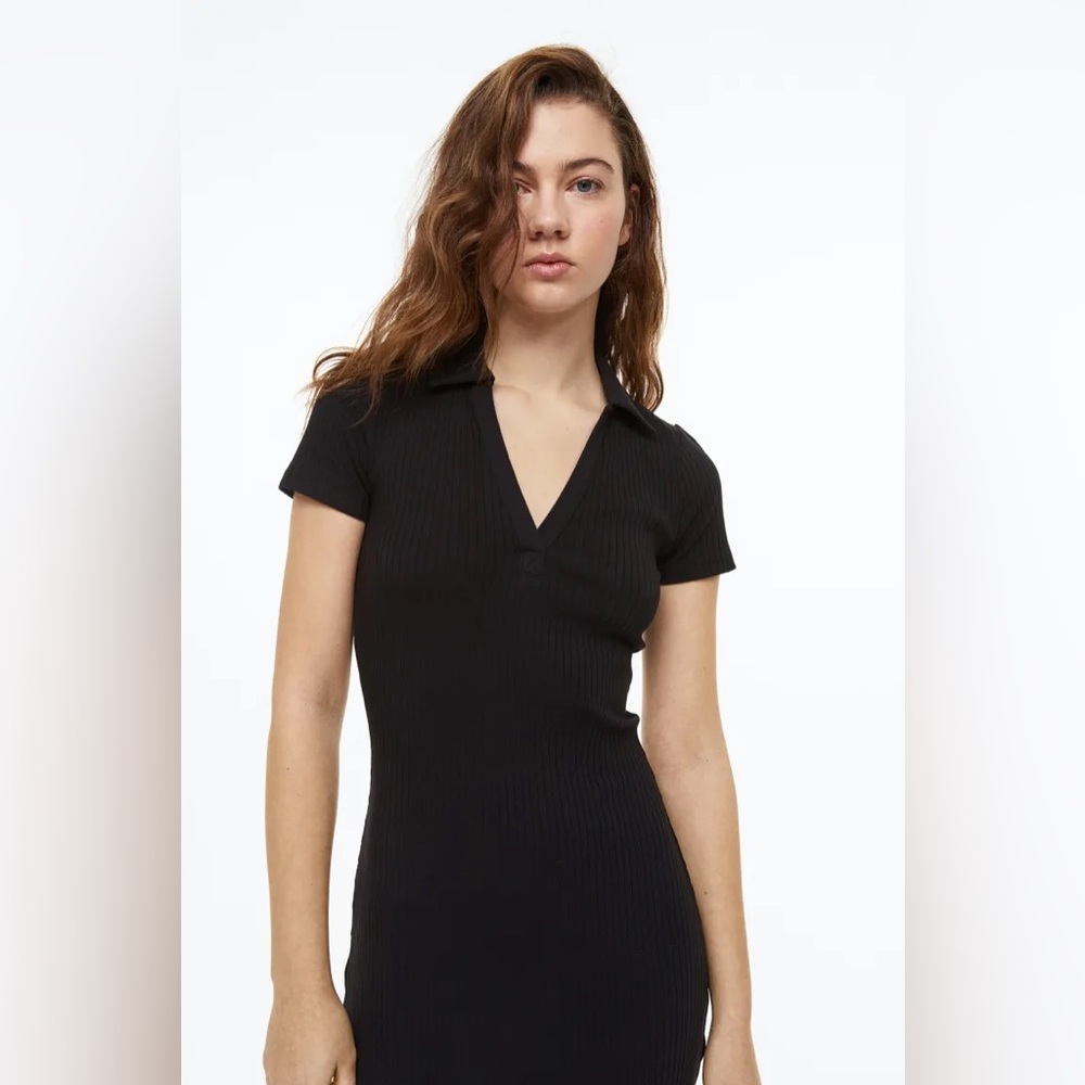 NEW WOT H&M Ribbed Bodycon Polo Mini Dress Black Size MEDIUM